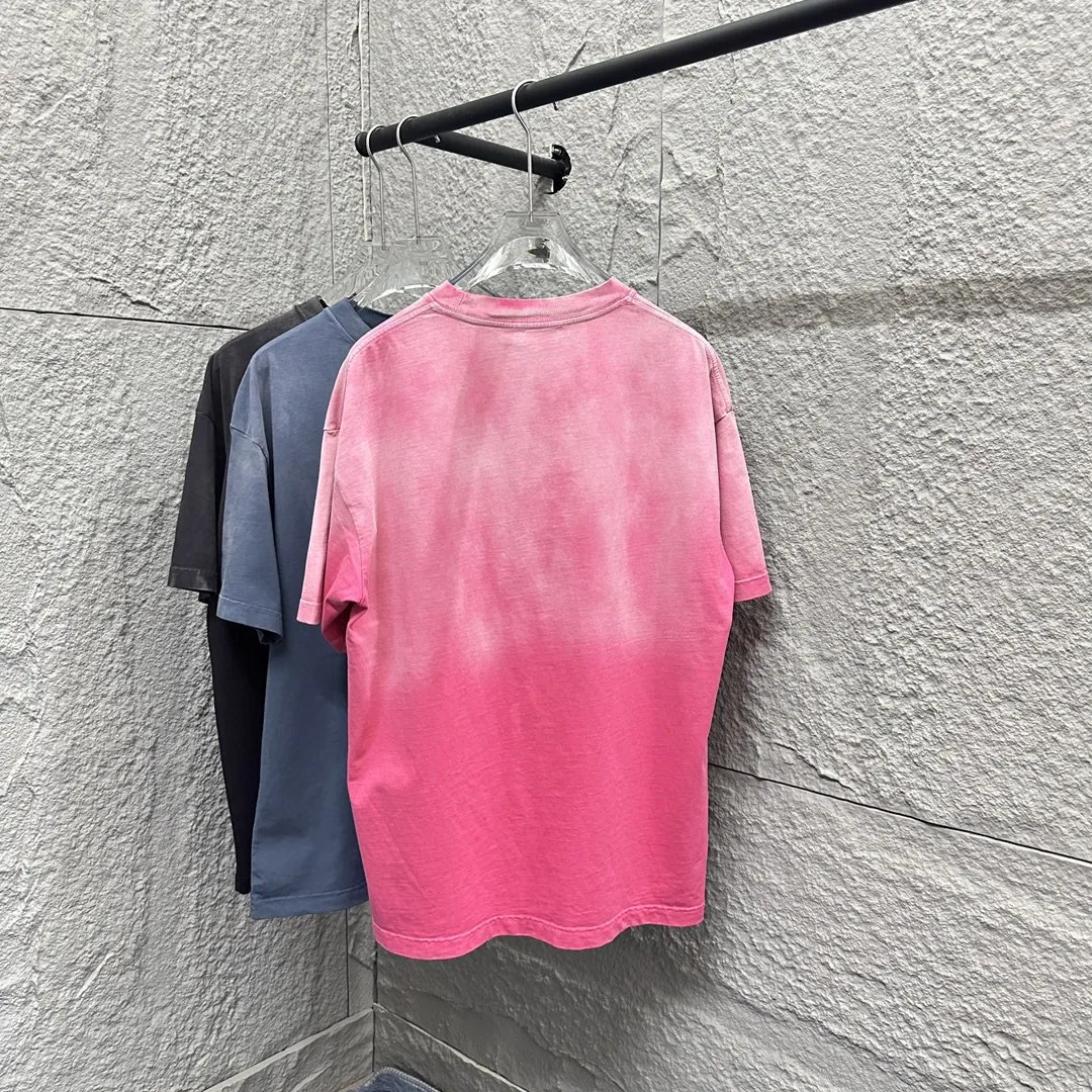 🅿️200 CH Croix Heart 2025 Summer New Style Heavy Acid Washing Gradient Distressing Chest Logo Classic Embroidery Customized Fabric Short Sleeve T-shirt Unisex Size: S M L XL XXL Five Codes (European Code) Color: Gradient Black Gradient Pink Gradient Blue